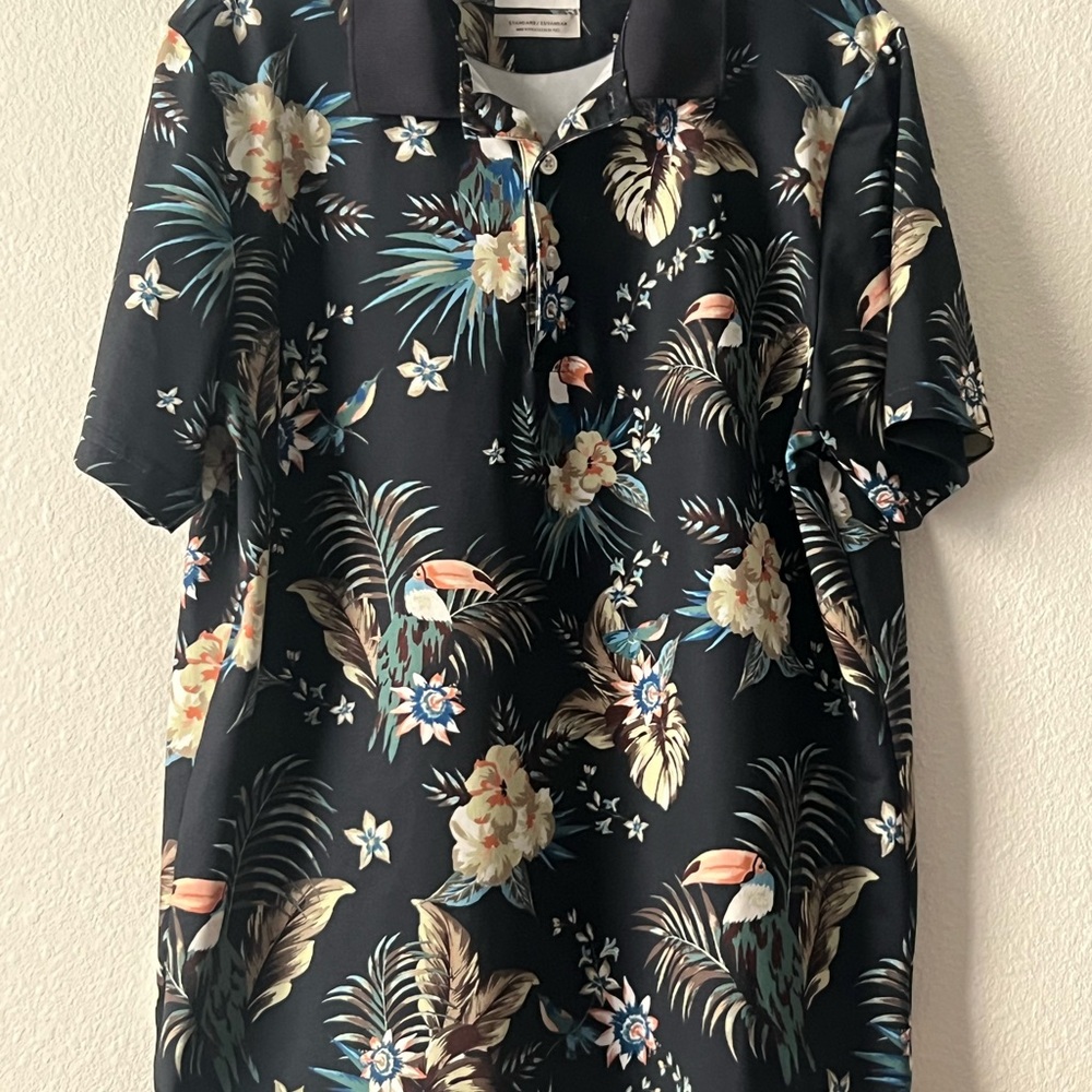 Goodfellow &‎ Co Black Floral Polo Shirt